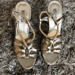 Michaels Kors cork gold metallic sandal heels